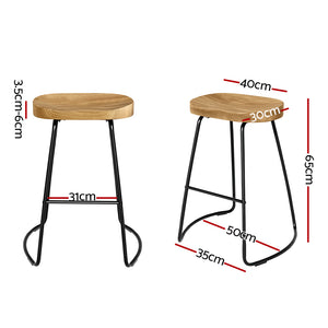 2x Wooden Backless Bar Stools Elm Wood Seat Retro Vintage Seating