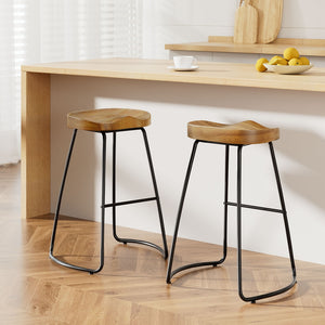 2x Wooden Backless Bar Stools Elm Wood Seat Retro Vintage Seating