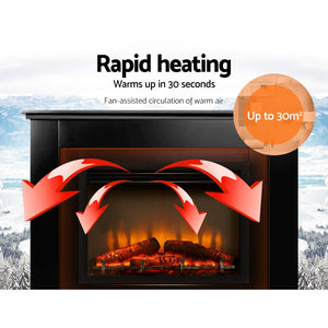 2000W Electric Fireplace Heater Free Standing Mantel 3D Fire Log Wood Effect - Black