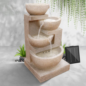 Beige 4 Tier Solar Powered Water Fountain with Light Cascading Water Garden Decor