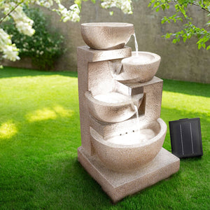 Beige 4 Tier Solar Powered Water Fountain with Light Cascading Water Garden Decor