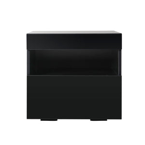 High Gloss Front Bedside Table Drawers RGB LED Nightstand Shelf- Black