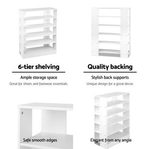 White Shoe Rack Unit 6 Tier Storage Fits Up to 30 Pairs Of Shoes Display Bookcase White