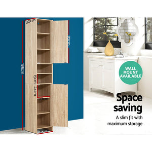 185cm Bathroom Tallboy Toilet Storage Cabinet Laundry Cupboard Adjustable Shelf Oak Colour