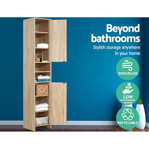 185cm Bathroom Tallboy Toilet Storage Cabinet Laundry Cupboard Adjustable Shelf Oak Colour