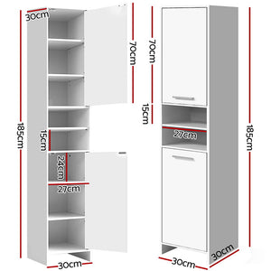 185cm Bathroom Tallboy Toilet Storage Cabinet Laundry Cupboard Adjustable Shelf White - Afterpay - Zip Pay - Dodosales -