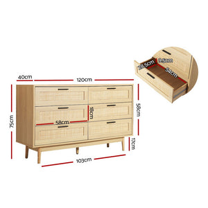 Chest of 6 Drawers Lowboy Cabinet Bedroom Storage Rattan Wood
