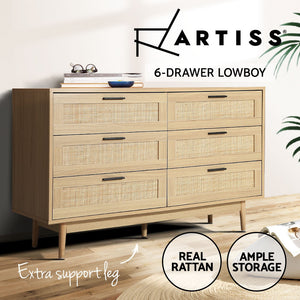 Chest of 6 Drawers Lowboy Cabinet Bedroom Storage Rattan Wood