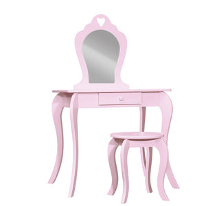 Kids Dressing Table Stool Set Mirror Drawer Children Vanity Makeup Pink