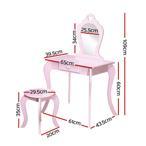 Kids Dressing Table Stool Set Mirror Drawer Children Vanity Makeup Pink