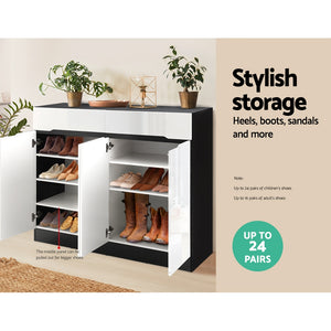 120cm High Gloss Cabinet Shoe Storage Rack Cupboard White Drawers - White & Black