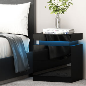 High Gloss Bedside Table Drawers RGB LED Nightstand Black