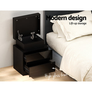 High Gloss Bedside Table Drawers RGB LED Nightstand Black