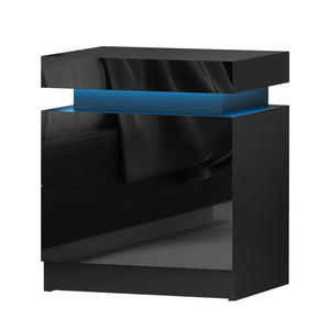 High Gloss Bedside Table Drawers RGB LED Nightstand Black