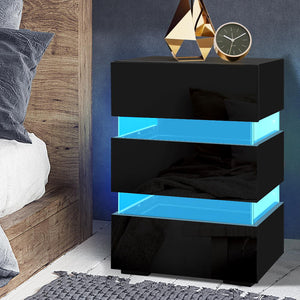 High Gloss Front Bedside Table Nightstand 3 Drawers RGB LED Black