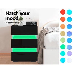 High Gloss Front Bedside Table Nightstand 3 Drawers RGB LED Black