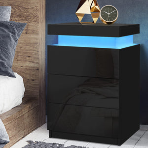High Gloss Bedside Table Drawers RGB LED Nightstand 3 Drawers Black