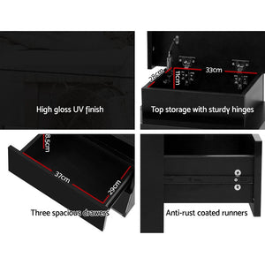 High Gloss Bedside Table Drawers RGB LED Nightstand 3 Drawers Black