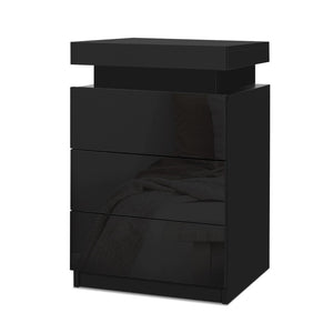 High Gloss Bedside Table Drawers RGB LED Nightstand 3 Drawers Black