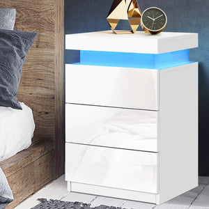 High Gloss Bedside Table Drawers RGB LED Nightstand 3 Drawers White