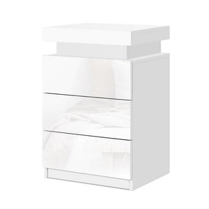 High Gloss Bedside Table Drawers RGB LED Nightstand 3 Drawers White