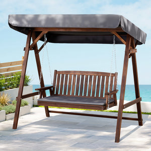 Outdoor 3 Seater Swinging Chair Loveseat Canopy Shade Wooden Swing Seat Charcoal