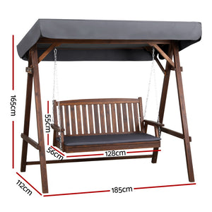 Outdoor 3 Seater Swinging Chair Loveseat Canopy Shade Wooden Swing Seat Charcoal