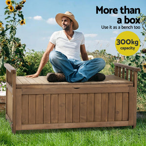 Outdoor Storage Box Garden Bench Patio Wooden Chest Slat Design Brown - Afterpay - Zip Pay - Dodosales -