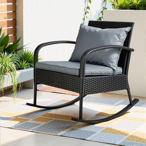 Outdoor Rattan Rocking Chair Wicker Garden Patio Lounge Setting Furniture Black - Afterpay - Zip Pay - Dodosales -