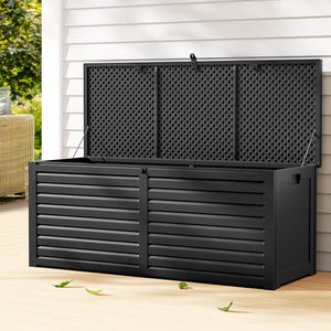 390L Outdoor Storage Box Bench Seat Toy Tool Shed Chest Rust Free Black