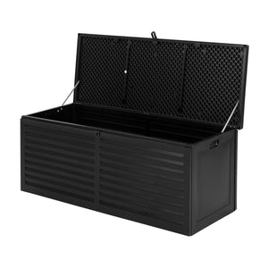 390L Outdoor Storage Box Bench Seat Toy Tool Shed Chest Rust Free Black