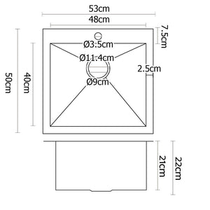 53 x 50cm Stainless Steel Kitchen Sink Basin Bowl Under/Top/Flush Mount Silver