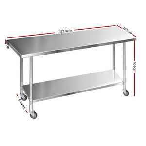 Commercial Stainless Steel Kitchen Bench Table Home Food Prep On Wheels - 1829 x 762mm