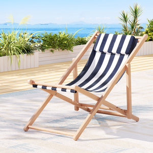 Stripe Deck Chair Wooden Frame Foldable Beach Seat Sun Lounge