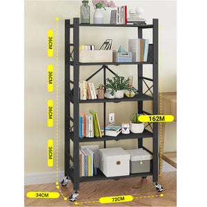 5 Tier Steel Foldable Display Stand Shelves Portable Storage Organiser W/ Wheels Black