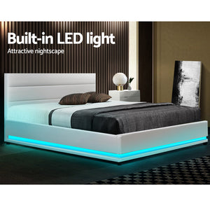 Double Bed Frame RGB LED Gas Lift Base Storage PU Leather White - Dodosales