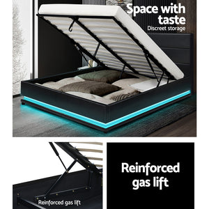 Queen Size Bed Frame RGB LED Gas Lift Base Storage PU Leather Black - Dodosales