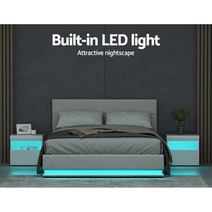 Queen Size Bed Frame RGB LED Gas Lift Base Storage PU Leather White