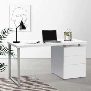 Work Desk Metal Legs With Cabinet 3 Drawers Student Office Table Workstation - White - Dodosales