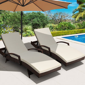 2x Outdoor Sun Lounge Chair with Cushion Sunbed Day Bed Lounger Brown - Dodosales