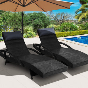 2x Outdoor Wicker Sun Lounges Bed Patio Sofa Banana Chair Sunbed Black - Dodosales