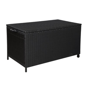 320L Outdoor Wicker Storage Box Wheels Steel Frame Chest Container Black - Dodosales