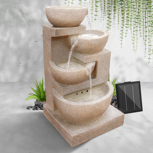 Beige 4 Tier Solar Powered Water Fountain with Light Cascading Water Garden Decor - Dodosales