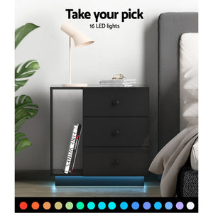 z Bedside Tables Side Table RGB LED 3 Drawers Nightstand High Gloss Black