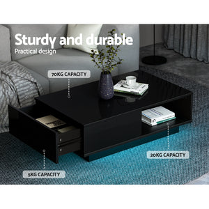 High Gloss Coffee Table LED Lights Storage Drawer Modern Furniture - Black