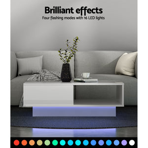 High Gloss Coffee Table LED Lights Storage Drawer Modern Furniture - White