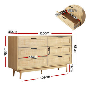 Chest of 6 Drawers Lowboy Cabinet Bedroom Storage Rattan Wood - Dodosales