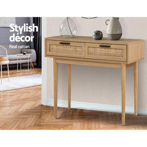 Console Table Entry Way Hallway Decor Rattan Front Drawers Storage Desk