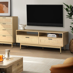 140cm TV Cabinet Entertainment Unit TV Stand Wooden Rattan Storage Drawer - Dodosales