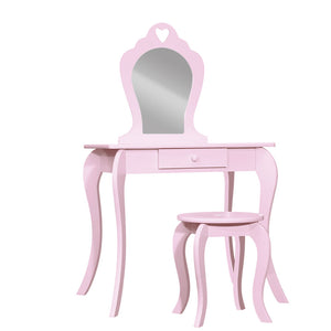 Kids Dressing Table Stool Set Mirror Drawer Children Vanity Makeup Pink - Dodosales